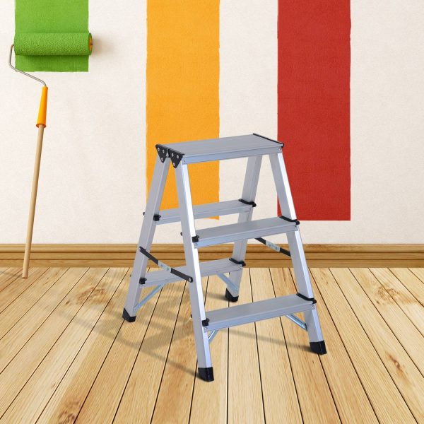 HomCom® Escada de Tesoura Alumínio Dobrável Escada Doméstica de Mão Ambos Lados 3 Degraus Carga 150kg