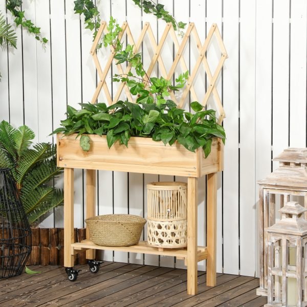 Horta Vertical Elevada de Madeira com Rodas Mesa de Cultivo com Orifício de Drenagem para Plantas Flores