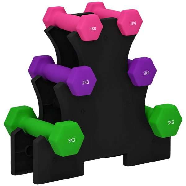 Jogo de Halteres 2x1 kg 2x2 2x3 Conjunto Hexagonais com Suporte Armazenamento para Exercício Treino em Casa Ginásio Multicolor