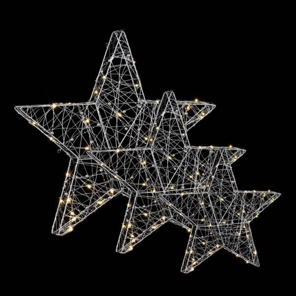 Kit De 3 Estrelas Prateadas Com Led. Luz Quente 90 Leds. Fun