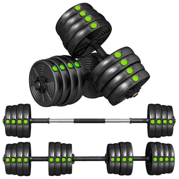 Kit de Halteres 30 kg 2 em 1 Jogo Pesos com Barra Pega Antiderrapante para Treino Força Casa Ginásio Escritório Preto e Verde