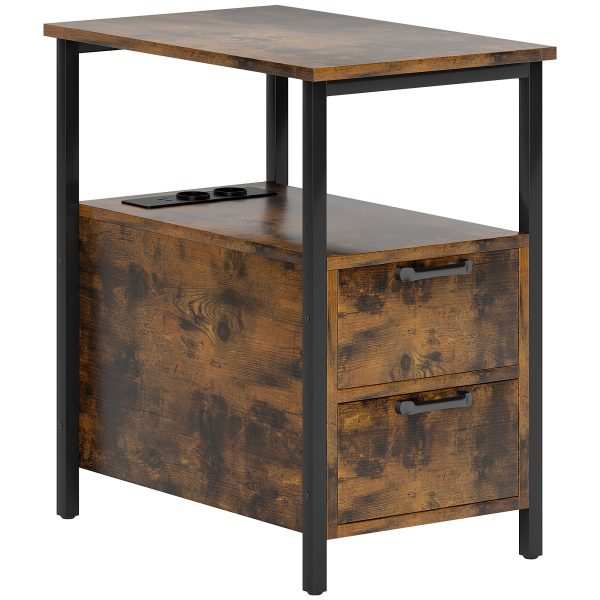 Mesa Auxiliar com Estação de Carga Entrada USB e Tomada Elétrica Mesa de Cabeceira com 2 Gavetas e Prateleira Aberta para Sala de Estar Dormitório 55x35x58