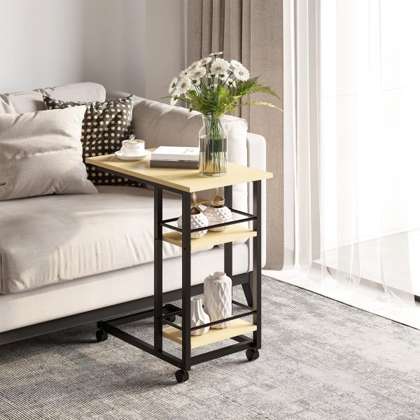 Mesa Auxiliar com Rodas em Forma de C para Sofá Cama com 2 Prateleiras e Travões Estilo Moderno 60x34