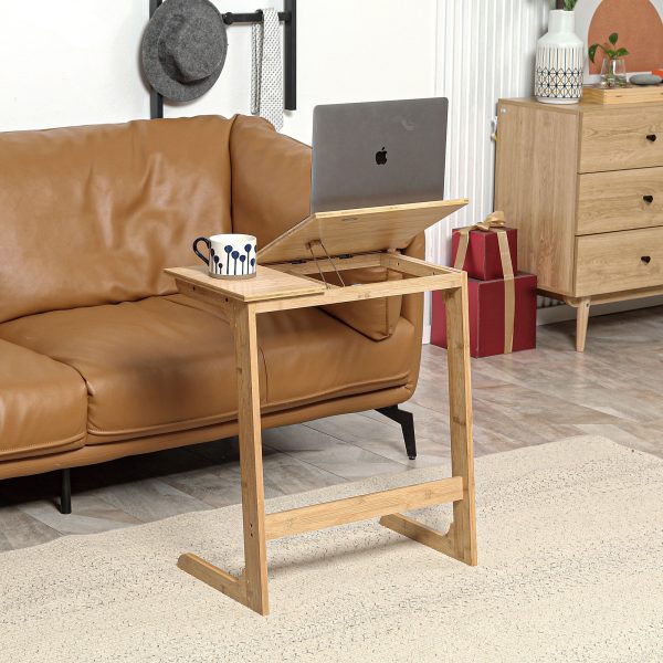Mesa Auxiliar de Bambu Mesa em Forma de C com Bancada Abatível e Ângulo Ajustável 140-180° para Sala de Estar