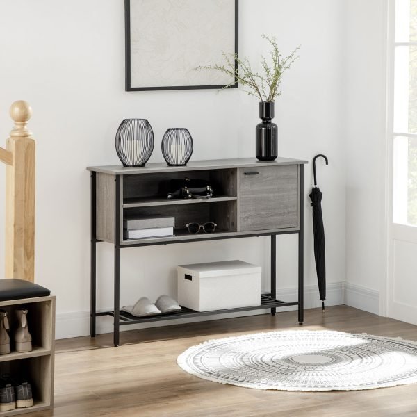 Mesa Consola Industrial com Porta. 2 Compartimentos Abertos e Prateleira Inferior 106x35x83