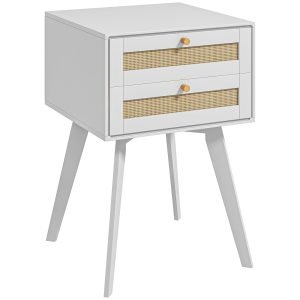 Mesa de Cabeceira Branca Estilo Boho com 2 Gavetas e Decoração de Vime 40x40x60 cm