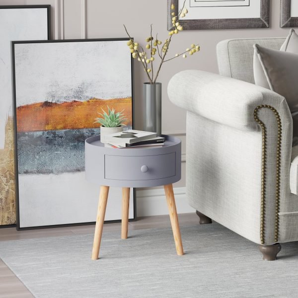 Mesa de Cabeceira com 1 Gaveta com Borda Elevada e 3 Pés de Madeira Estilo Moderno Ø38x45 cm Cinza