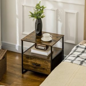 Mesa de Cabeceira com 1 Gaveta de Tecido Dobrável e Prateleira Aberta Estilo Industrial Anti-Tombo 45x40x50