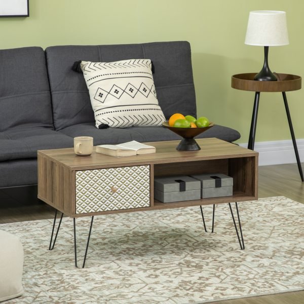 Mesa de Centro Estilo Boho com Gaveta e Compartimento de Armazenamento 60x45x46cm