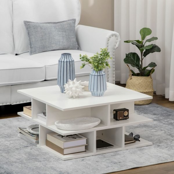 Mesa de Centro Quadrada estilo moderno com Múltiplas Prateleiras de Armazenamento 70x70x36