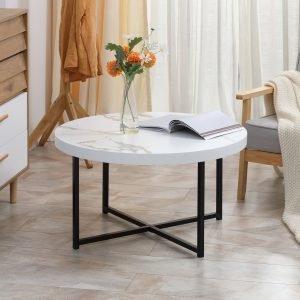 Mesa de Centro Redonda com Bancada Similar ao Mármore e Estrutura de Metal Estilo Moderno 80x80x45cm Branco e Preto