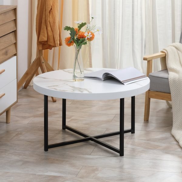 Mesa de Centro Redonda com Bancada Similar ao Mármore e Estrutura de Metal Estilo Moderno 80x80x45cm Branco e Preto