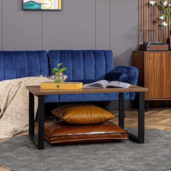 Mesa de Centro Retangular Estilo Industrial com Bancada de Madeira e Estrutura de Aço 100x60x50cm