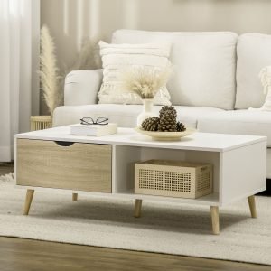 Mesa de Centro Retangular com 2 Gavetas e Compartimentos Abertos Estilo Nórdico 106x58x39