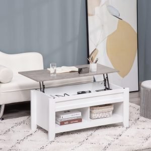 Mesa de Centro com Bancada Elevável Mesa de Centro com 2 Compartimentos Abertos Bancada de Imitação a Mármore Mesa Retangular para Sala de Estar 105x50x49cm Branco
