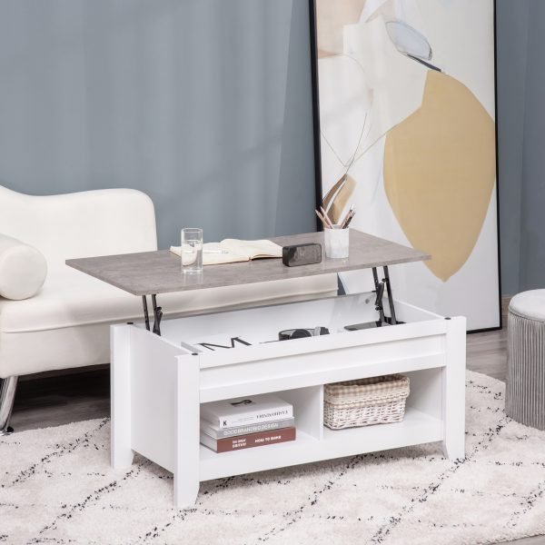 Mesa de Centro com Bancada Elevável Mesa de Centro com 2 Compartimentos Abertos Bancada de Imitação a Mármore Mesa Retangular para Sala de Estar 105x50x49cm Branco
