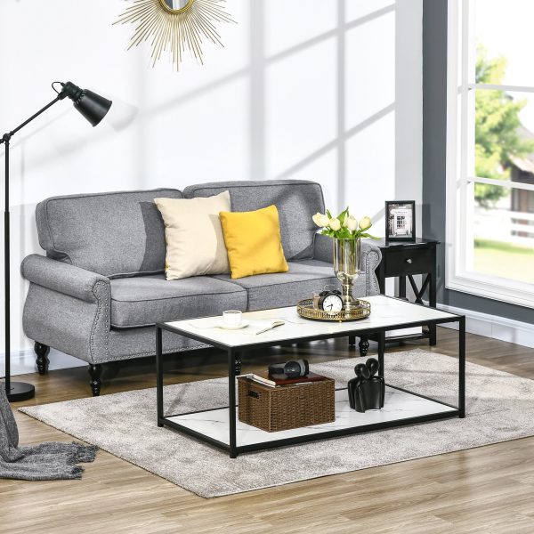 Mesa de Centro de Sala de Estar com Bancada de Imitação a Mármore e Estrutura de AçoCarga Máxima 90kg 120x60x46cm Branco e Preto