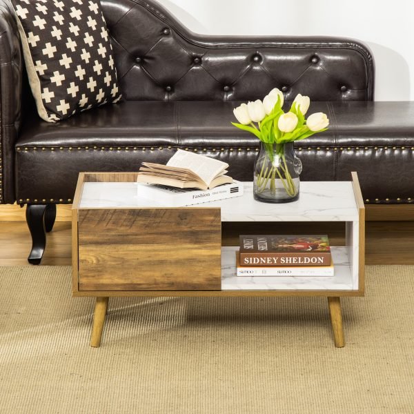 Mesa de Centro para Sala de Estar com Gaveta e Prateleira Aberta Mesa de Centro Estilo Industrial com Bancada com Efeito de Mármore e Pés de Madeira Elevados 80x45x40
