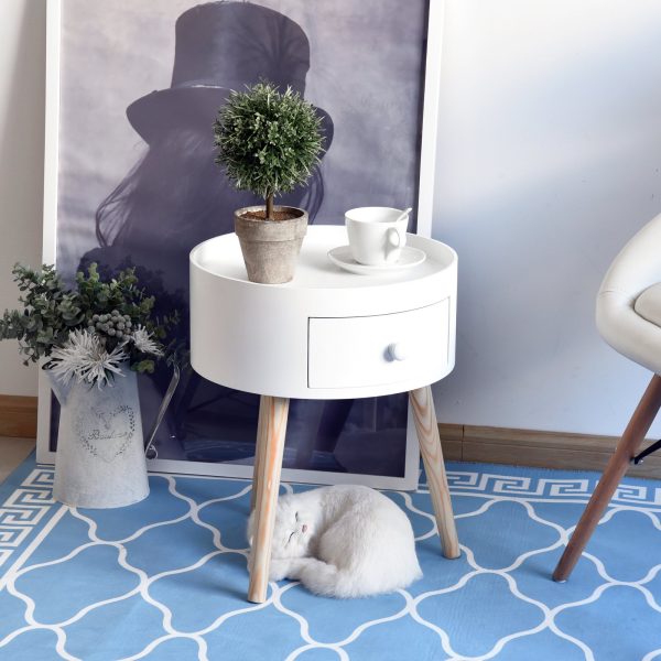 Mesa de Centro pequena mesa auxiliar mesa de cabeceira tripé com 1 gaveta borda elevada 3 Pés de Madeira Ф38x45cm Branco
