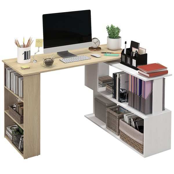 Mesa de Computador Secretária Canto Giratória 360° com 5 Prateleiras para Casa Escritório Madeira e Branco