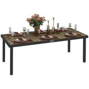 Mesa de Jardim Retangular com Bancada de Ripas e Estrutura de Alumínio 190x90x74 cm Preto e Madeira