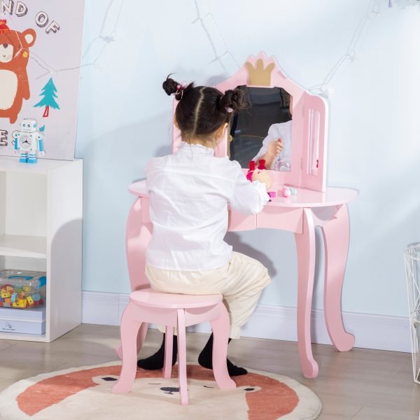 Mesa de Maquilhagem Infantil de Madeira com Banco e Espelho para Crianças de 3-6 Anos com Gaveta Estilo Princesa 79x48x103cm