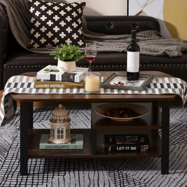 Mesa de centro com 3 prateleiras para sala Sala de estar Estilo vintage 100x60x46 cm Castanho rústico
