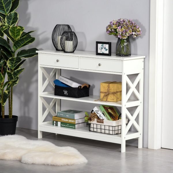 Mesa Moderna para Corredor com 2 gavetas e 2 prateleiras inferiores 100x30.5x80 cm, Cor Branco - Image 1