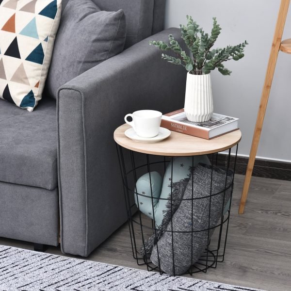 Mesa lateral pequena e redonda para sofá com espaço de armazenamento estilo industrial