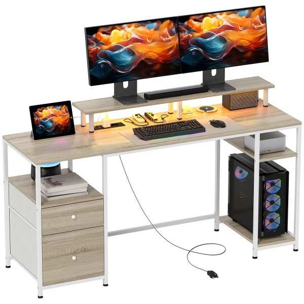 Mesa para Computador Secretária com Luzes LED Prateleiras Gavetas Plug Entrada USB e Suporte Monitor Escritório Estúdio 155