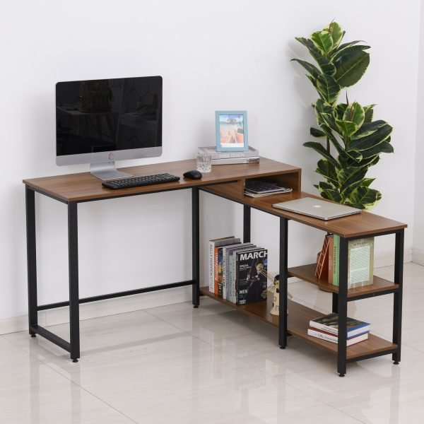 Mesa para computador de canto em forma de L com prateleiras metálicas 130x130x78 cm Noz