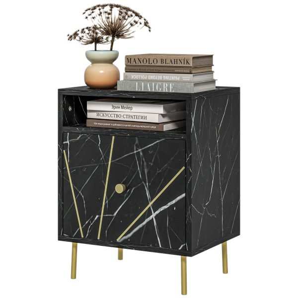 Mesinha de Cabeceira Moderna com Efeito Mármore Compartimento Aberto e Gaveta Mesa para Quarto 39x30x50 cm Preto