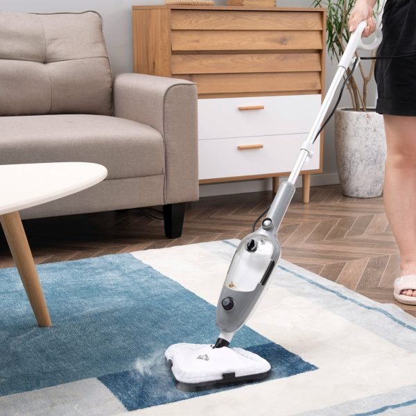 Mopa a Vapor 1300W Limpador a Vapor Multifuncional com Depósito de 450ml e 11 Acessórios Incluídos Aquecimento em 20-30 Segundos 28x21x112cm Cinza e Branco