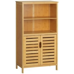Móvel auxiliar Casa de Banho de Bambu com 2 Portas 2 Prateleiras Abertas e Pés Elevados 50x29x92 cm Madeira