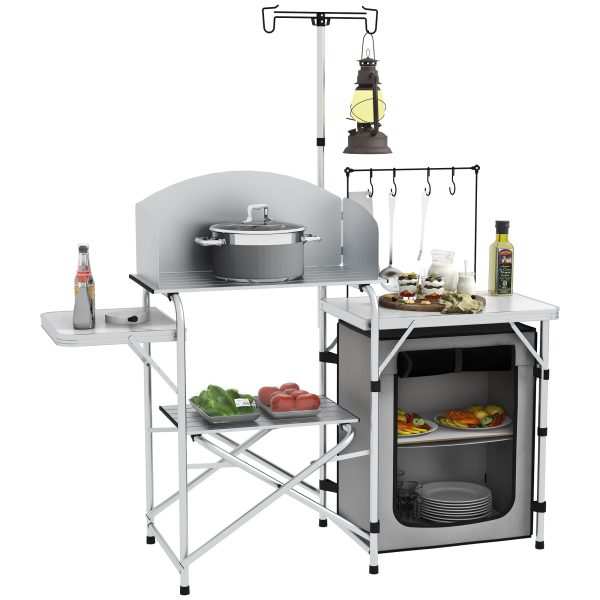 Móvel de Cozinha para Campismo Armário Dobrável com Mesas Estante Suporte Luz Ganchos e Bolsa Transporte Piquenique 144x48x119 cm Prata Cinza Claro