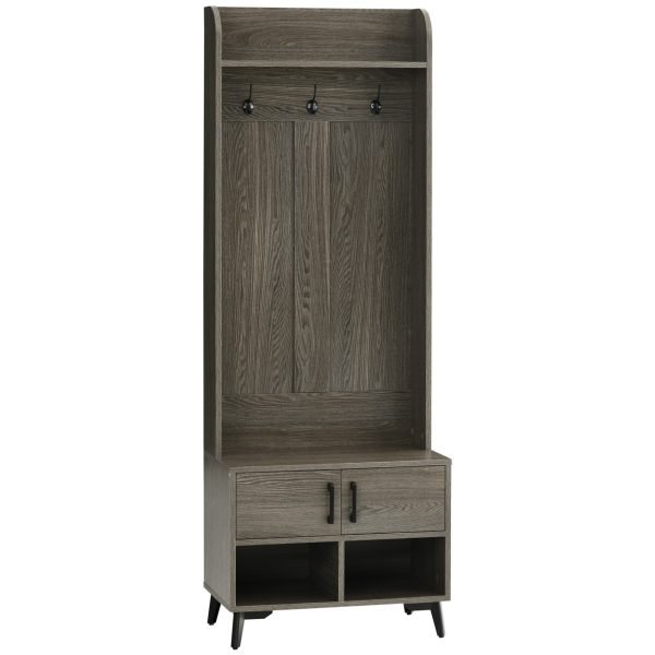 Móvel de Entrada com Sapateiro com 3 Ganchos 2 Portas 2 Compartimentos e Prateleira 60x34x170 cm Cinza - Image 1