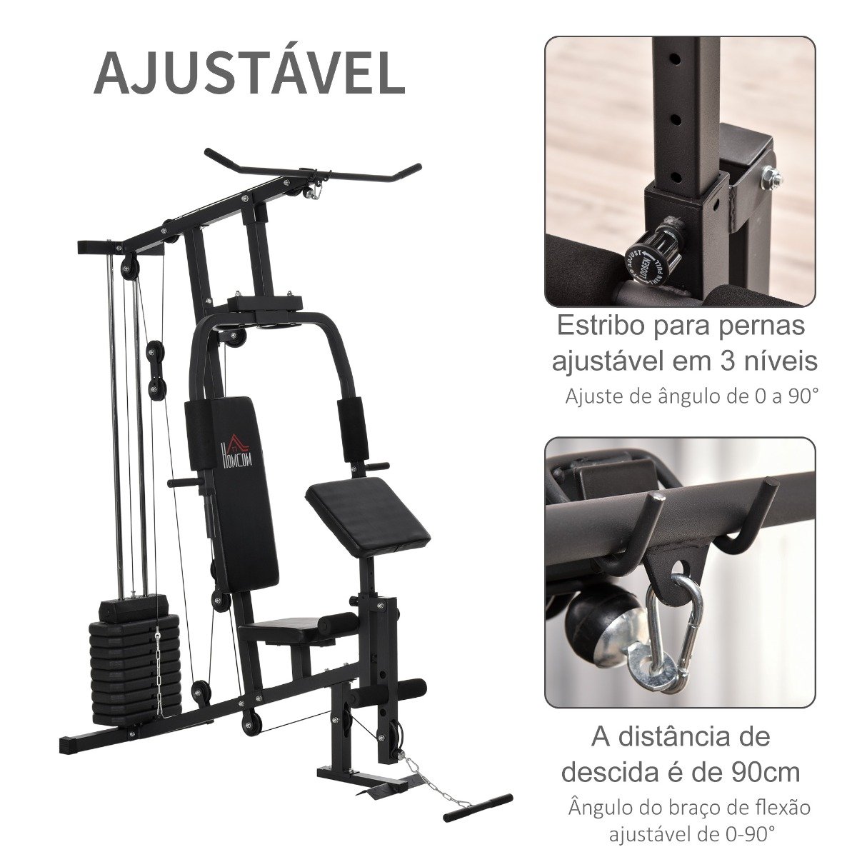 Multi Estação de Musculação com Estribo para Pernas e Placas de Peso de  45kg para Casa, 148x108x207cm, Cor Preto