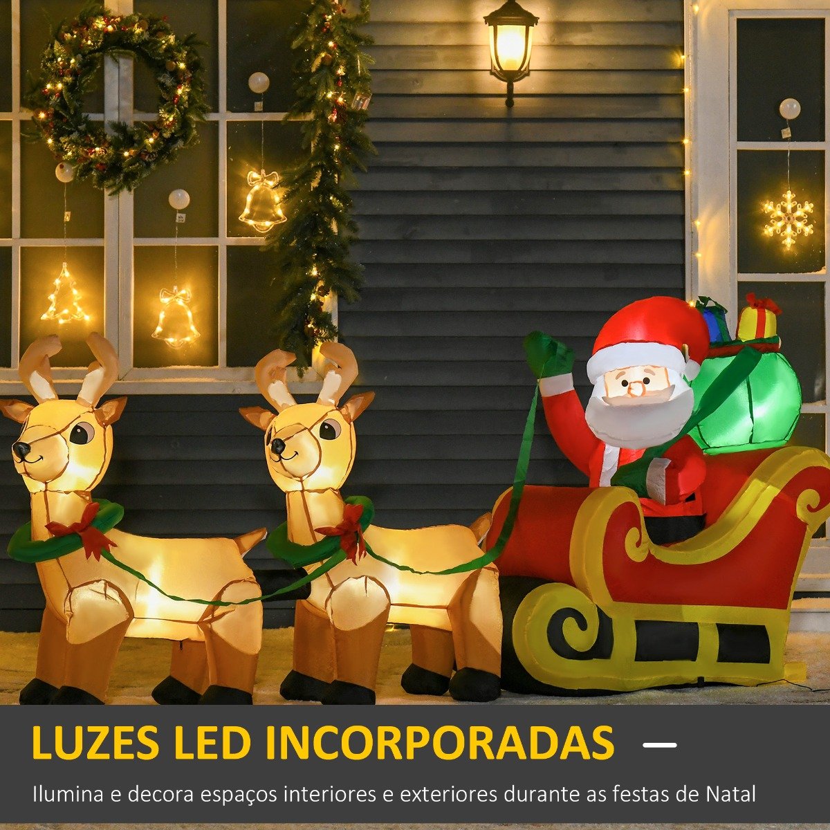 Pai Natal com Trenó e Renas c/ Luzes LED, 240x57x112cm | O Meu Jardim