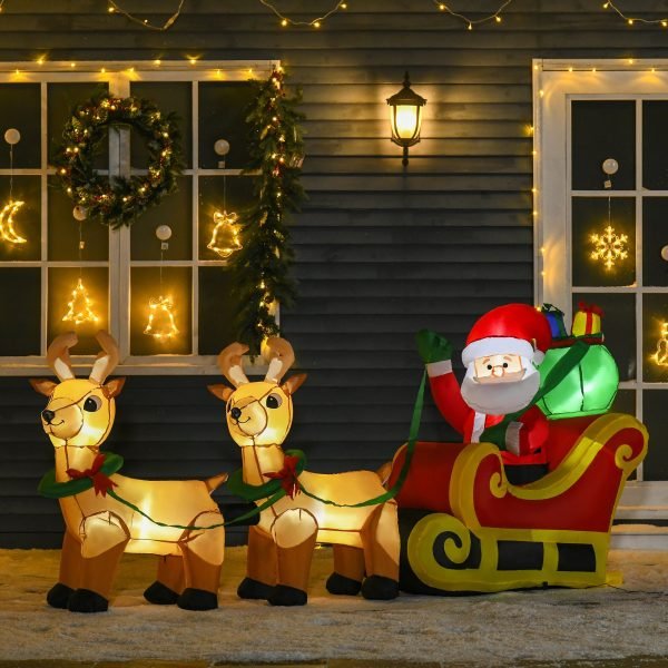 Papai Noel com Trenó e Renas Infláveis com Luzes LED Decoração de Natal para Exterior Ar Livre com Inflador 240x57x112cm Multicor
