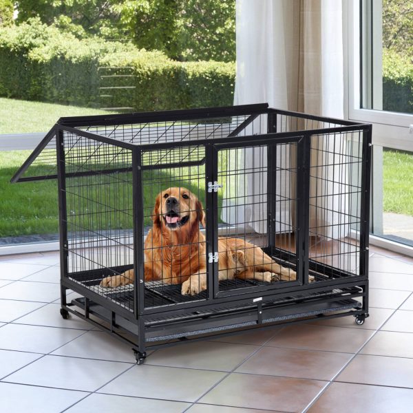 PawHut Jaula de Metal para Mascotes tipo Cão Grande com Rodas e Bandejas Removíveis - 92x62x75cm