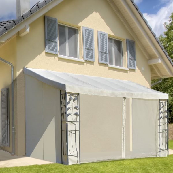 Pérgula montada na parede com cortinas laterais, malha com zíper e 4 orifícios de drenagem para jardim exterior 4x3m, Cor Bege - Image 1