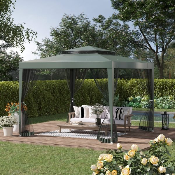 Pérgola de Jardim 3x3m Pérgola com 4 Redes Mosquiteiras Laterais com Zíper Teto de Ventilação e 8 Orifícios de Drenagem Pérgola para Terraço Pátio Exterior Verde