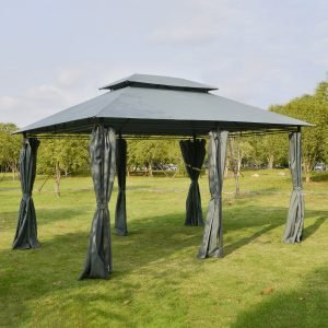 Pérgola de Jardim 3x4 M com estrutura de aço e telhado duplo, 6 cortinas laterais e 8 orifícios de drenagem, Cor Cinza