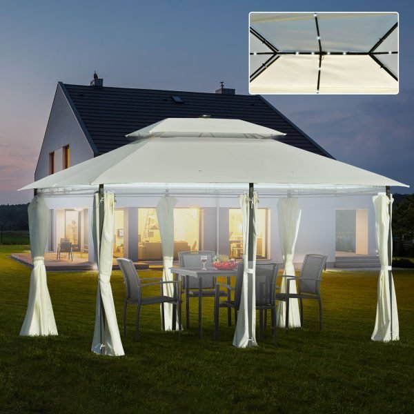 Pérgola de jardim com 4x3 M, teto duplo com 6 cortinas laterais luz LED com painel solar, Cor Creme - Image 1
