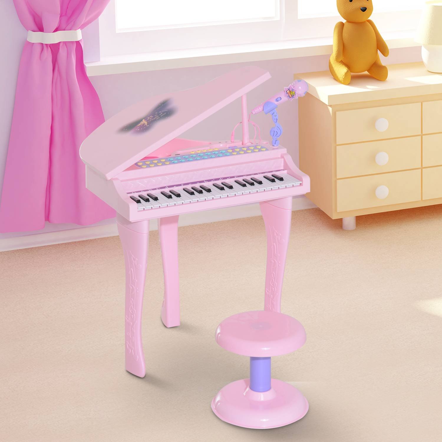 Teclado Infantil Rosa Com Microfone Musical Resistente Comp