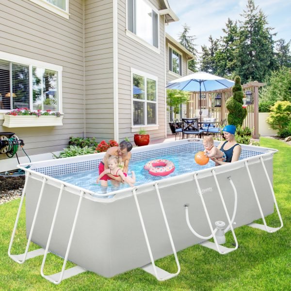 Piscina Desmontável Tubular 440x240x122cm Piscina Retangular de Exterior com Purificador 4.000L/H Mangueiras de Comprimento 100cm e Estrutura de Aço Cinza