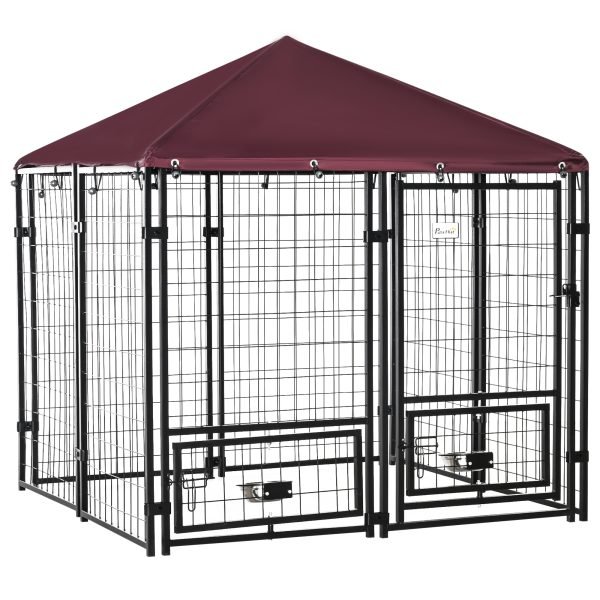 Recinto para Cães Metálico de Exterior com 2 Suportes Giratórios para Comida 2 Tigelas e Toldo Impermeável 141x141x153 cm