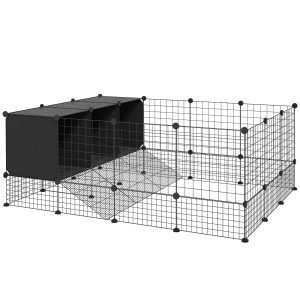 Recinto para Pequenos Animais Modular com 39 Painéis e 3 Abrigos Preto