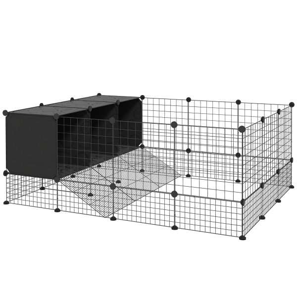 Recinto para Pequenos Animais Modular com 39 Painéis e 3 Abrigos Preto