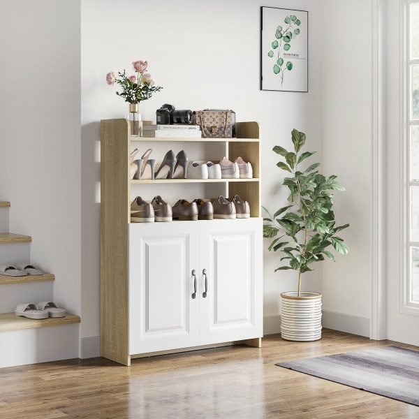 Sapateira com 2 Portas Móvel para Sapatos de Madeira com 5 Prateleiras de Armazenamento com Capacidade para 12 Pares
